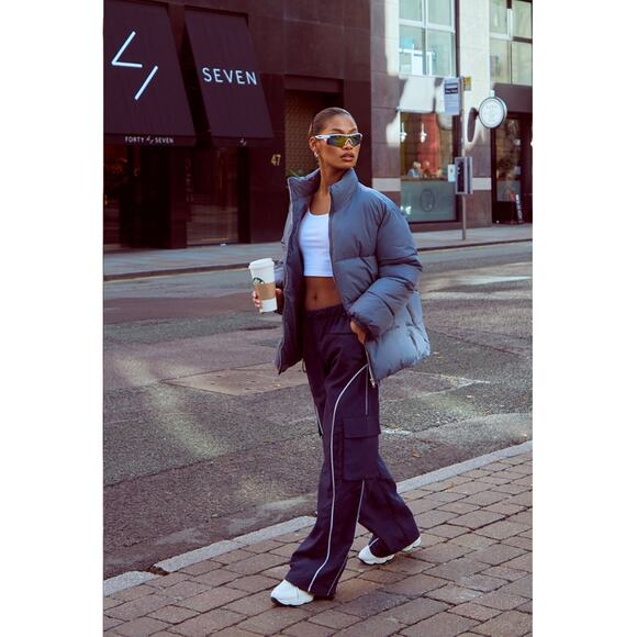 PrettyLittleThing Slate Grey Soft Touch Nylon Padded Panel Longline Puffer UK XS - Picture 4 of 7